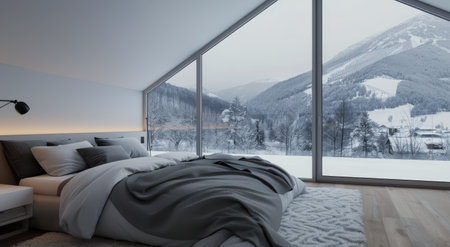 A serene bedroom features a large bed draped in soft bedding, with modern lamps glowing beside it. Outside, tall trees are blanketed in fresh snow, creating a tranquil winter landscape visible through the expansive windows.の素材