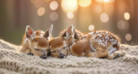 Two fawns rest soundly on a knitted blanket, nestled closely together. Soft morning light filters through, creating a serene atmosphere, highlighting their gentle features and spotted coats.の素材