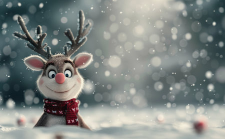 A whimsical reindeer figurine adorned with a red scarf stands in a snowy landscape, surrounded by soft snowfall and twinkling lights, evoking a cozy holiday spirit during wintertime.の素材