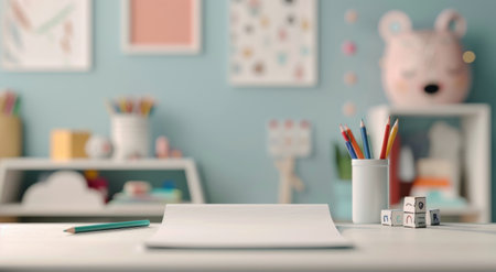 A colorful workspace arranged for kids features a blank sheet of paper, vibrant art supplies, and a cheerful stuffed bunny, encouraging creativity and imaginative play in a lively setting.の素材