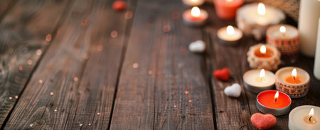 Soft candlelight illuminates a rustic wooden table adorned with decorative ornaments, creating a warm and inviting atmosphere in the evening.の素材