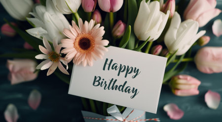 A beautifully arranged birthday card featuring Happy Birthday text and a pink ribbon is accompanied by fresh pink gerbera daisies and satin ribbon on a dark, textured surface.の素材