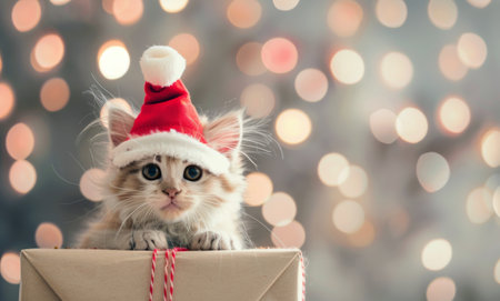 A fluffy kitten wearing a red Santa hat peeks over a gift box, illuminated by soft, colorful holiday lights that create a festive atmosphere.の素材