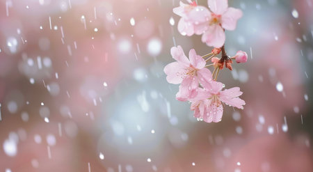 Delicate pink cherry blossoms are adorned with droplets of rain, creating a serene atmosphere. The blurred background enhances the floral beauty, capturing the essence of a tranquil spring day.の素材