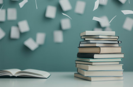 A stack of books is seen with several pages flying away, set in a library filled with shelves of books, illuminated by natural light, creating a dynamic and captivating effect.の素材