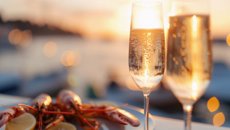 Two glasses of champagne sparkle in the sunlight beside a plate of fresh seafood, set against a stunning sunset over the ocean, creating a perfect ambiance for a beach dining experience.の素材
