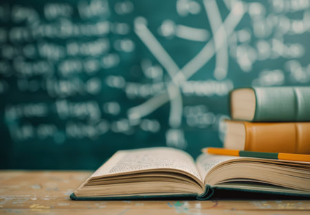 An open book rests atop a stack of textbooks with a chalkboard in the background, illuminated by soft bokeh lights. The setting creates a scholarly atmosphere, ideal for studying and learning.の素材