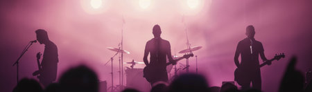 A dynamic band performs energetically under vibrant stage lights, creating an electrifying atmosphere filled with music and excitement.の素材