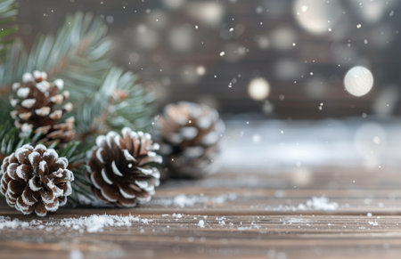 Falling snowflakes gently cover pinecones and evergreen sprigs on a rustic wooden surface, creating a serene winter atmosphere.の素材