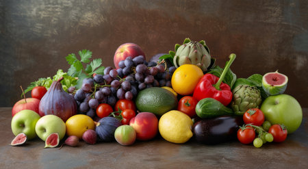 An abundance of fresh fruits and vegetables, including apples, grapes, peppers, and broccoli, are artistically arranged on a rustic wooden surface against a dramatic backdrop, showing vibrant colors and textures.の素材
