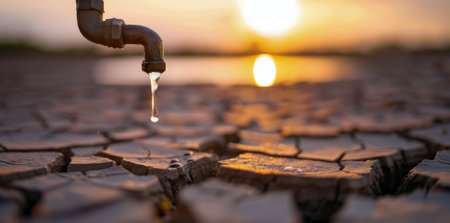 Water drips from a rusted tap standing lonely over parched, cracked earth as the sun sets, casting a warm glow over the desolate landscape and highlighting the severity of drought conditions.の素材