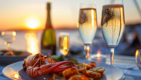 A beautifully arranged plate of seafood, including lobster and shrimp, accompanied by flutes of champagne, set against a vibrant sunset over a serene body of water, creating a romantic dining atmosphere.の素材