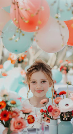 A beautifully arranged banquet table adorned with colorful floral centerpieces, set outdoors. Soft pastel balloons float above, creating a festive atmosphere for the gathering.の素材