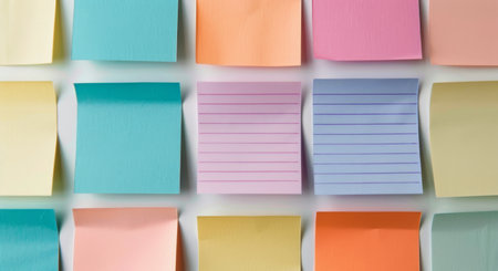 Various colorful sticky notes are neatly arranged in a grid pattern, showing different shades and a clean, organized look. The notes feature visible lines for writing and are displayed on a bright white background.の素材