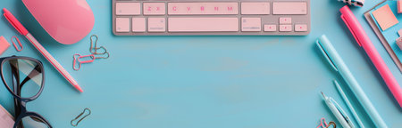 A vibrant workspace features a pink laptop, matching keyboard, various pens, and other stationery arranged neatly on a light blue surface, creating a cheerful and organized atmosphere perfect for productivity.の素材