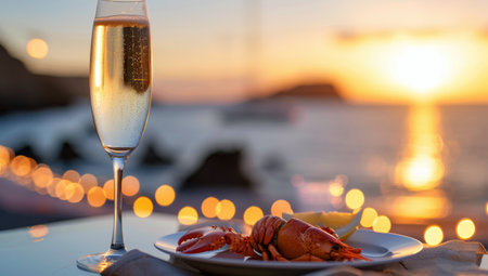 Two glasses of champagne stand beside an elegant seafood platter featuring lobster and sushi, set against a vibrant sunset over the ocean.の素材