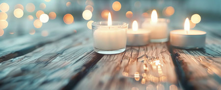 Several candles flicker softly atop a rustic wooden table, casting a warm glow in the evening light. The atmosphere is tranquil, with blurred lights creating a cozy and inviting ambiance.の素材
