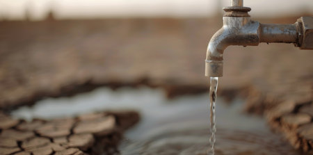 Water pours from a faucet into a cracked, dry landscape at sunset, creating a small stream that reflects the warm hues of the setting sun.の素材