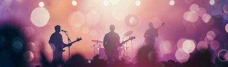 A dynamic band performs energetically under vibrant stage lights, creating an electrifying atmosphere filled with music and excitement.の素材