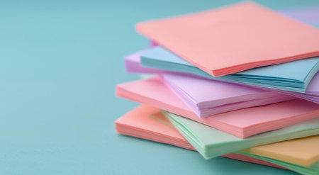 A vibrant stack of paper sheets in various pastel colors, including blue, yellow, pink, and lavender, rests on a soft pink surface, creating an aesthetically pleasing visual.の素材