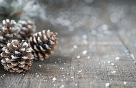 Falling snowflakes gently cover pinecones and evergreen sprigs on a rustic wooden surface, creating a serene winter atmosphere.の素材
