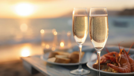 Two glasses of champagne sparkle in the sunlight beside a plate of fresh seafood, set against a stunning sunset over the ocean, creating a perfect ambiance for a beach dining experience.の素材