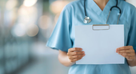 A healthcare worker wearing scrubs and a mask stands in a hospital corridor, holding a blank sheet of paper. The setting is well-lit and conveys a professional medical environment.の素材