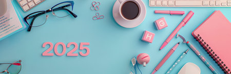 A vibrant workspace features a pink laptop, matching keyboard, various pens, and other stationery arranged neatly on a light blue surface, creating a cheerful and organized atmosphere perfect for productivity.の素材