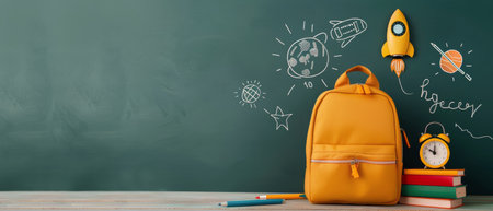 A vibrant yellow backpack rests beside colorful books and a clock on a wooden surface, with a chalkboard in the background featuring playful space-themed drawings.の素材