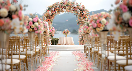 A beautifully arranged wedding ceremony taking place on a cliffside overlooking the ocean, adorned with floral decorations and elegant seating, while the sun sets in the background, casting a warm glow.の素材