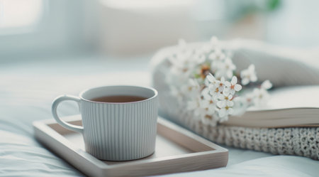 A cozy setting featuring a warm cup of tea on a wooden tray, accompanied by delicate white flowers and an open book, creating a serene atmosphere perfect for relaxation.の素材
