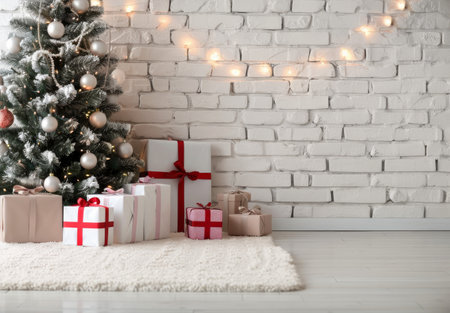 A beautifully decorated Christmas tree stands in front of a white brick wall, adorned with lights and ornaments. Beneath the tree, an assortment of colorful wrapped presents awaits, enhancing the festive atmosphere.の素材