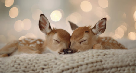 Two adorable twin fawns sleep peacefully with their heads touching, nestled in a soft blanket, surrounded by a warm, glowing backdrop that creates a serene, intimate atmosphere.の素材