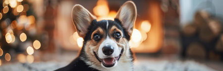 A cheerful corgi with perked ears and a joyful expression sits by a glowing fireplace, surrounded by a warm atmosphere and festive decorations for the winter season.の素材