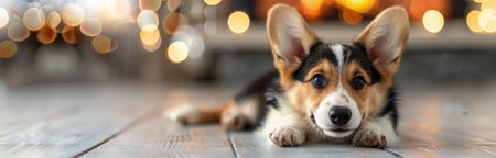A cheerful corgi with perked ears and a joyful expression sits by a glowing fireplace, surrounded by a warm atmosphere and festive decorations for the winter season.の素材