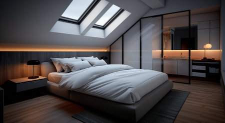 A bedroom stylish showcases a large bed with soft bedding, sleek furniture, and ambient lighting. Skylights illuminate the space under the night sky, creating a warm and inviting environment.の素材