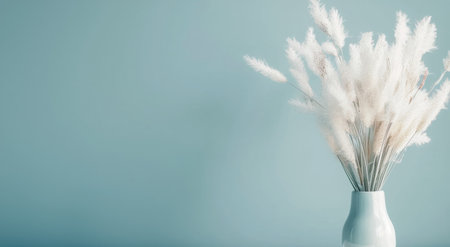 A pale vase holds a bouquet of white dried flowers, prominently displayed against a soft teal background, creating a serene and minimalist aesthetic perfect for modern decor.の素材