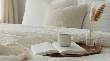 A serene bedroom features a white bedspread with a decorative pillow. A book lies open on a wooden tray alongside a simple cup and a vase with dried flowers, bathed in soft natural light.の素材