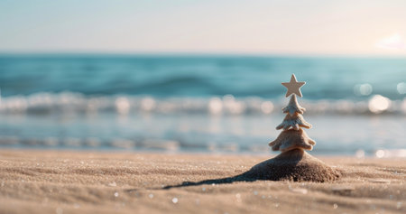 A creatively built sand Christmas tree stands on a sandy beach near gentle waves as the sun sets, casting golden warm light across the scene and enhancing the festive spirit of the coastline.の素材