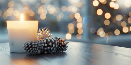 A warm candle glows beside pinecones on a wooden surface, surrounded by softly blurred holiday lights, creating a cozy and inviting ambiance perfect for winter gatherings.の素材
