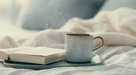 A serene bedroom features a white bedspread with a decorative pillow. A book lies open on a wooden tray alongside a simple cup and a vase with dried flowers, bathed in soft natural light.の素材