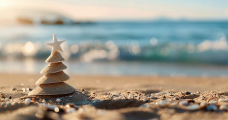 A creatively built sand Christmas tree stands on a sandy beach near gentle waves as the sun sets, casting golden warm light across the scene and enhancing the festive spirit of the coastline.の素材