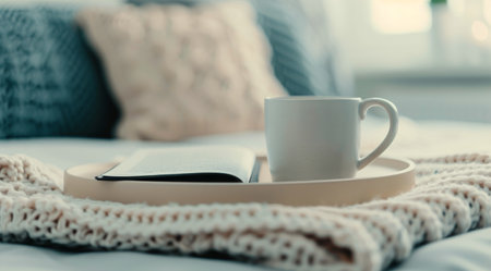 A cozy setting featuring a warm cup of tea on a wooden tray, accompanied by delicate white flowers and an open book, creating a serene atmosphere perfect for relaxation.の素材
