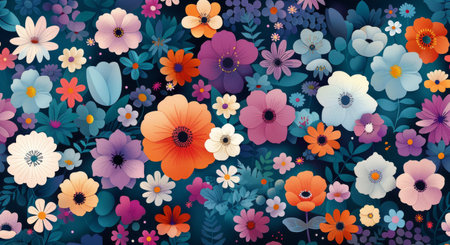 A vibrant arrangement of soft pastel flowers in various shapes and sizes against a dark backdrop creates a stunning visual effect, celebrating the beauty of nature and floral artistry.の素材