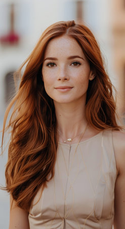A young woman with flowing red hair confidently strolls through a city street illuminated by the warm glow of sunset, wearing a light-colored dress and radiating a relaxed, joyful vibe.の素材
