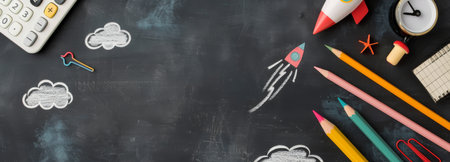 A variety of colorful pencils, a clock, and playful cutouts are arranged on a gray surface, inviting creativity and inspiration for artistic endeavors, with a rocket and clouds emphasizing imagination.の素材