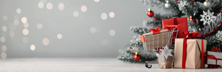 A small shopping cart sits filled with colorful wrapped gifts beside a beautifully decorated Christmas tree, illuminated by soft lights, creating a cheerful holiday atmosphere.の素材
