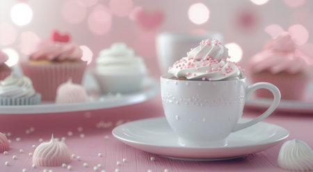 A delightful arrangement of pink cupcakes with swirled frosting is showcased alongside a delicate cup of tea on a soft pink table, creating a charming and inviting dessert setting.の素材