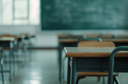 Desks made of wood are arranged in an empty classroom, with a chalkboard visible in the background. Natural light floods the space, creating a serene atmosphere conducive to learning.の素材