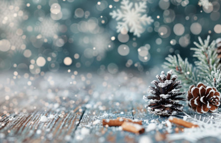 Winter snowfall creates a serene atmosphere as pine cones rest on a weathered wooden surface, surrounded by a blurred background of glowing lights.の素材